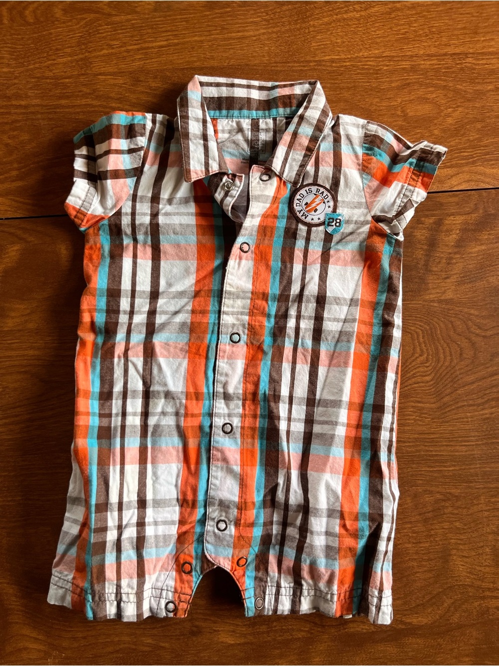 Plaid Short-Sleeve Baby One-Piece in Orange, Blue & Brown